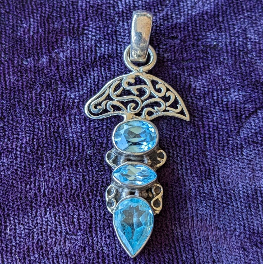 Vintage 925 Sterling Silver Filigree Pendant With Blue Topaz